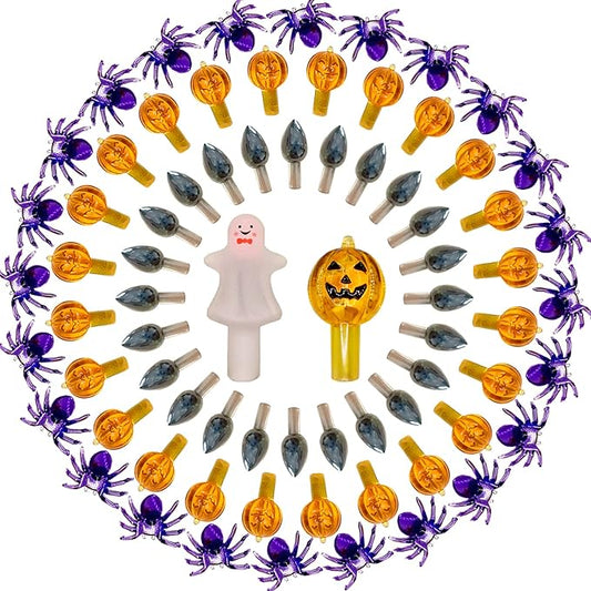 117pcs Halloween Ceramic Tree Replacement Lights Bulbs, Including Spider/Pumpkin Head/Grey Flame & 2pcs Themed Tree Tops (Including Ghost/Pumpkin King) for Decorating Holiday Trees, Etc.