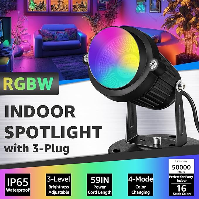 SUNVIE RGBW Christmas Spot Lights Indoor 6W Uplighting Indoor with Remote Color Changing Up Lights Indoor 120V Spotlights Indoor LED Uplights Indoor Accent Lighting for Party Plant Decor, 2 Pack