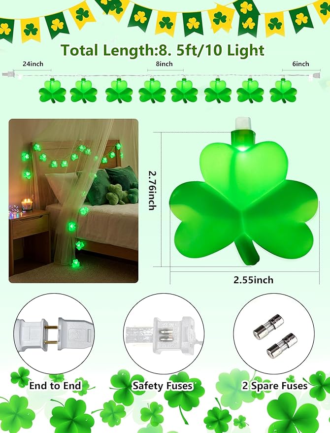 8.5Ft St patricks Day Lights Outdoor, Shamrock String Light Plug in with 10 LED Lucky Clover Lights, Green Clover for Irish Bedroom Home Garden Party Green Feast St. Patrick's Day Decorations