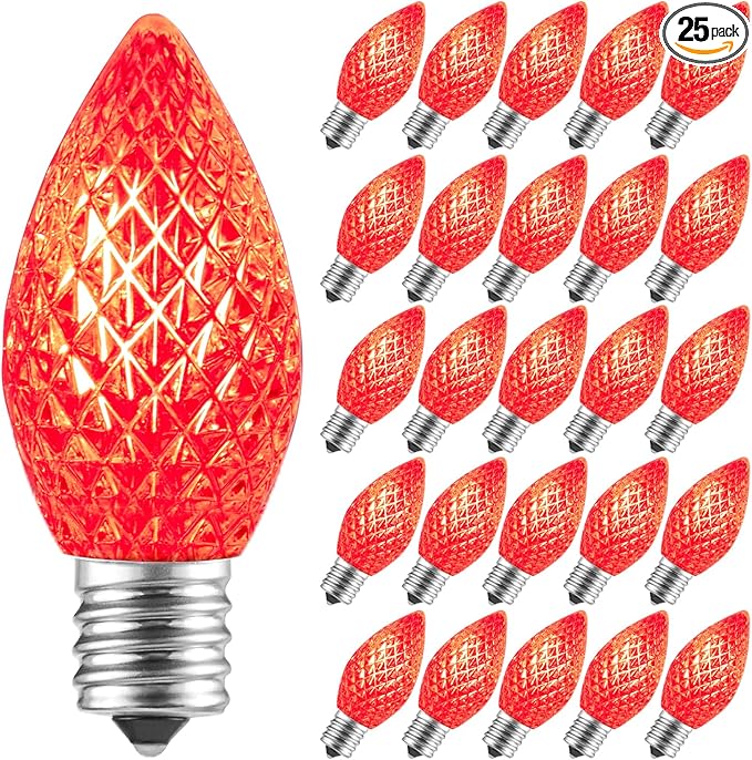 Minetom 25 Pack C7 Led Christmas Lights Bulb, Shatterproof Led Bulb for Outdoor String Lights, E12 Base, Commercial Grade Red Bulbs