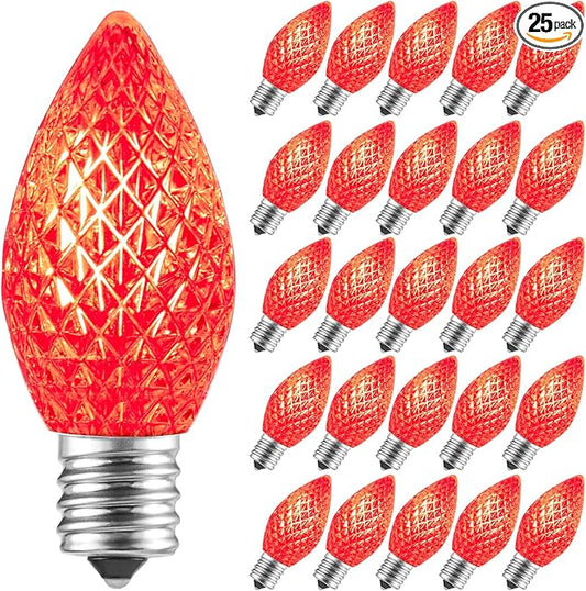 Minetom 25 Pack C7 Led Christmas Lights Bulb, Shatterproof Led Bulb for Outdoor String Lights, E12 Base, Commercial Grade Red Bulbs