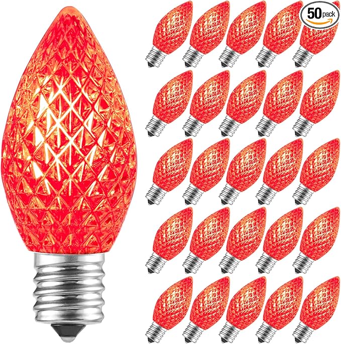Minetom 50 Pack C7 Led Christmas Lights Bulb, Shatterproof Led Bulb for Outdoor String Lights, E12 Base, Commercial Grade Red Bulbs