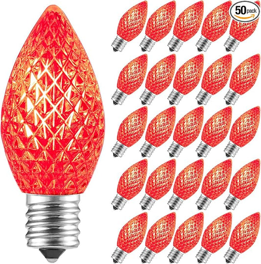 Minetom 50 Pack C7 Led Christmas Lights Bulb, Shatterproof Led Bulb for Outdoor String Lights, E12 Base, Commercial Grade Red Bulbs