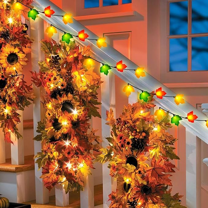 Fall Decorations Maple Leaf Lights, 8.5Ft Thanksgiving Decorations String Lights Outdoor with 10 LED Multicolor Maple Leaves Light, Plug in Fall Leaf Fairy Lights for Home Garland Window Harvest Party