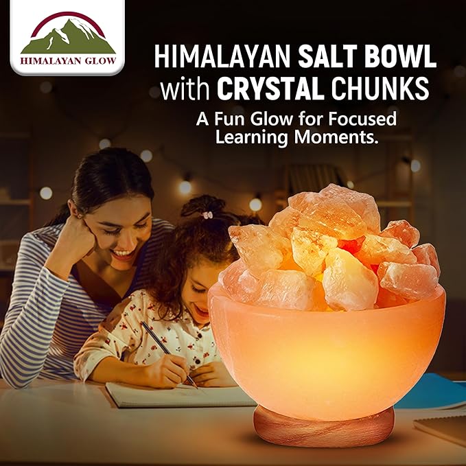 Himalayan Glow Natural Pink Salt Lamp Bowl with Crystal Chunks | Hand-Carved Himalayan Salt Lamp for Air Purification & Calming Ambiance | Home & Office Décor