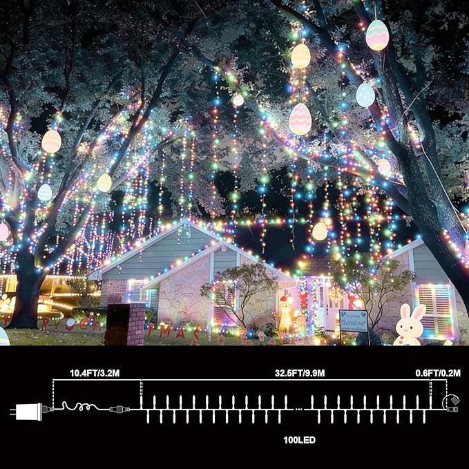 LAMPHOME Pastel Easter Lights String, Multicolor Christmas Mini Light, 32.5FT 100 LED with 16 Light Modes Green Wire, Fairy Lights Plug in for Outdoor Xmas Trees Garland Wreath Holiday Decorations