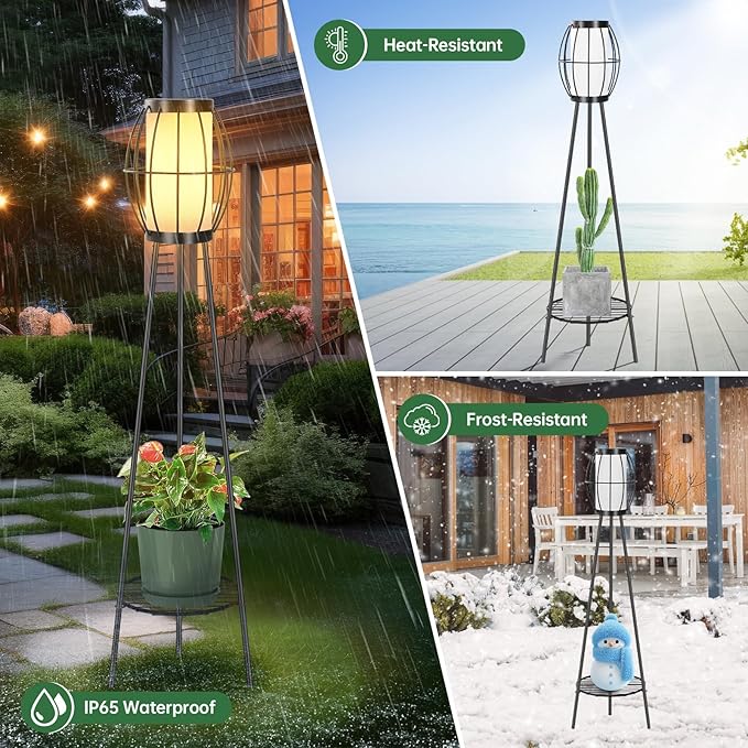 2 Pack Solar Lights Outdoor with Plant Stands, Solar Floor Lamps, Black Metal Tripod Deck Lights, Patio Decor for Garden Yard Pathway Driveway Porch