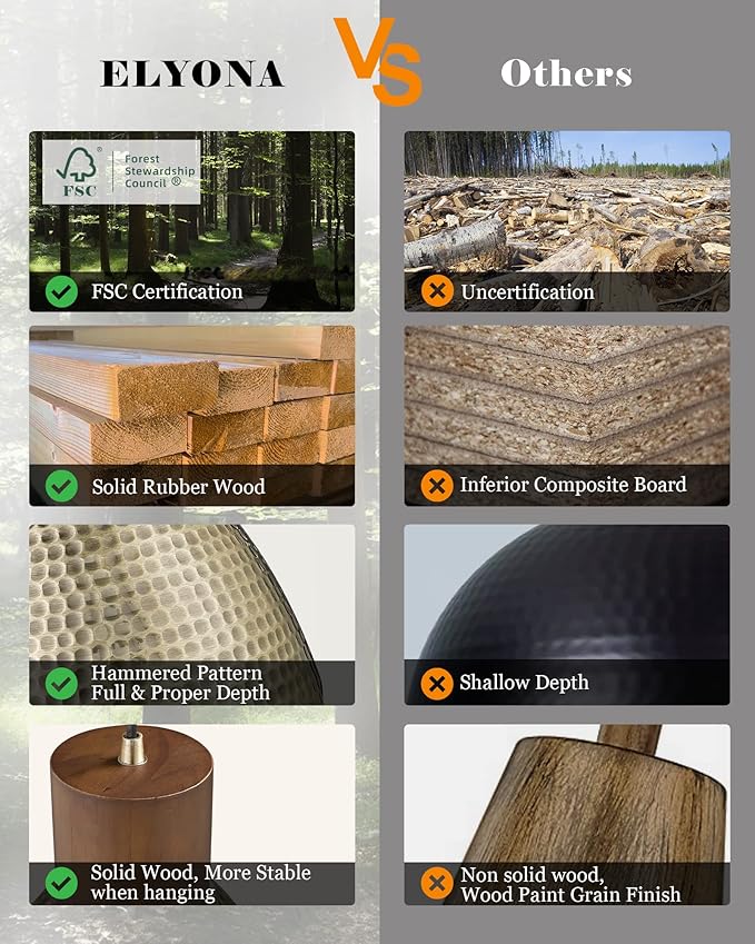 ELYONA Vintage Hammered Pendant Light Fixture, 7” Brushed Brass Metal Hanging Light Solid Wood Antique Gold Pendant Lamp for Kitchen Island, Farmhouse, Dining Room, Small, Adjustable Height