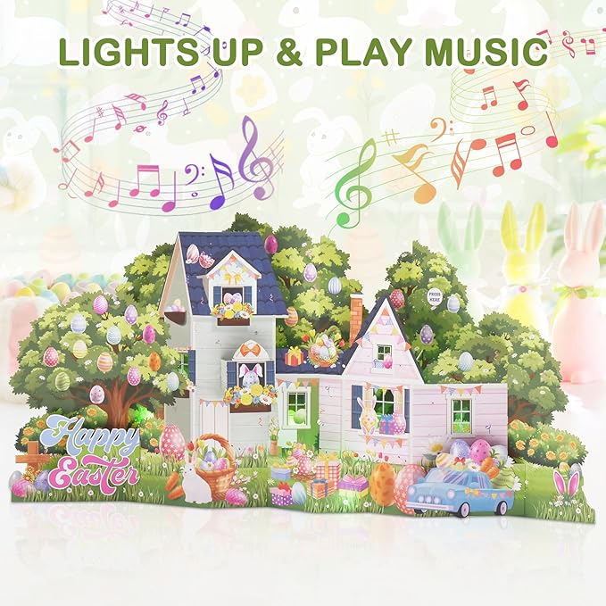 Pop Up Easter Cards, 3D Jumbo Easter House Greeting Card with Lights & Music, Giant Happy Easter Bunny Eggs Scene Card Keepsake Gift for Kids Family Friends Spring Holiday Celebration