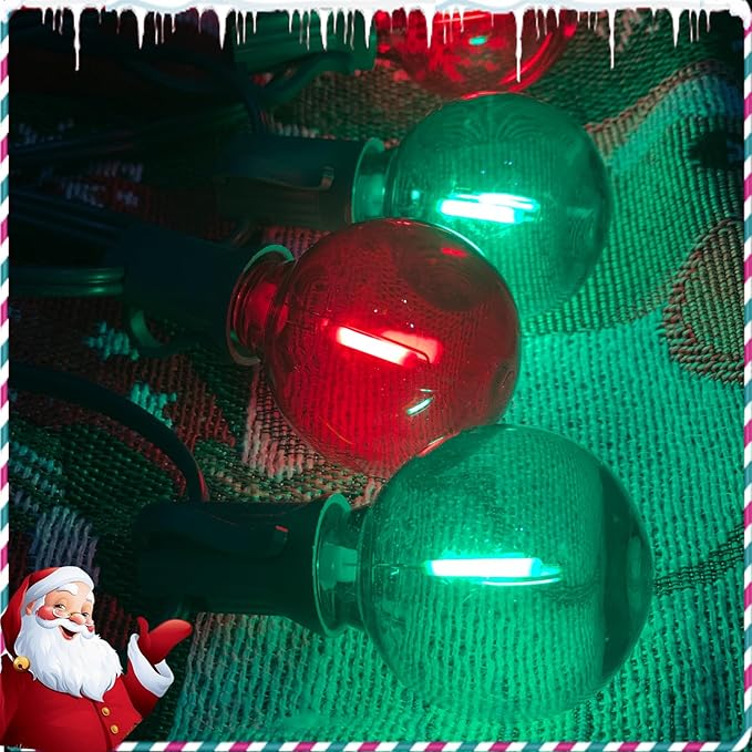 50Ft Clear Red and Green Outdoor LED Lights,G40 Globe Patio Christmas String Lights with 25 Ceramic Colorful Bulbs(2 Spare),Outside Christmas Hanging Lights for Christmas Tree Roofline Holiday Party