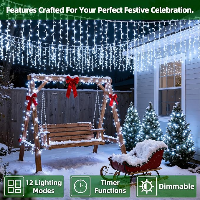 504 LED Christmas Lights with 112 Drops, 50ft 12 Modes Cool White Fairy String Lights with Timer Dimmable, Waterproof Twinkle Lights for Indoor Outdoor Holiday Wedding Party Eaves Yard Christmas Decor