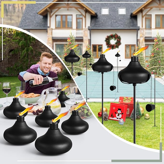 24.5 Oz Home Garden Torch Set of 6, Outdoor Metal Torch Garden Décor,55-Inch Upgraded Citronella Torches with 3-Prong Grounded Stake, Metal Light Torches for Party Patio Pathway