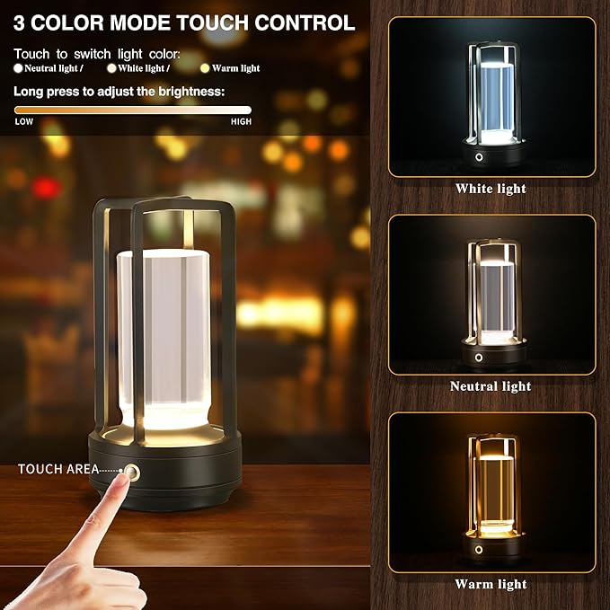Portable Metal Table Lamp, Cordless Table Lamp, Rechargeable Battery Powered Portable LED Desk Lamp, 3 Color Stepless Dimming Touch, for Bedroom Restaurant Home Outdoor (2 Set of Black)