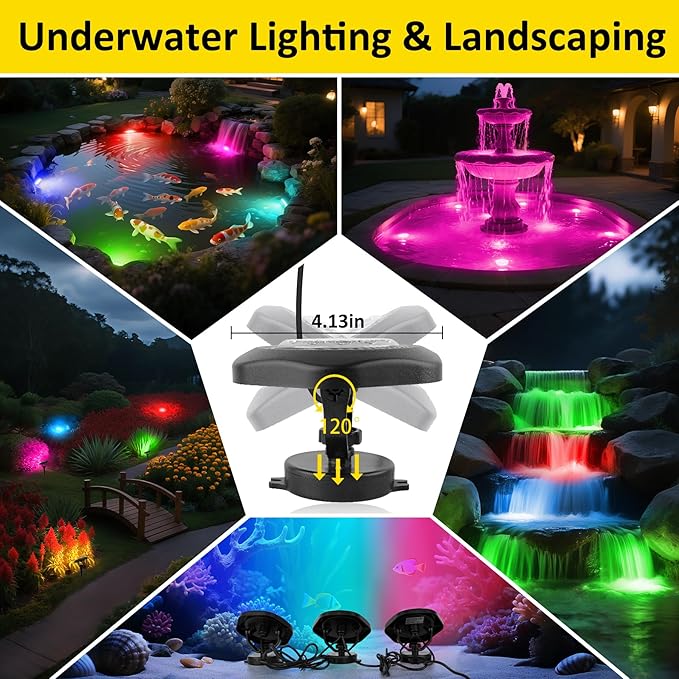 T-SUN Pond Lights LED Underwater – IP68 Waterproof Bluetooth App & Remote Submersible Fountain Lights with 16 Million Colors Dimmable Timer for Outdoor Koi Pond Garden Waterfall Aquarium(Set of 8)