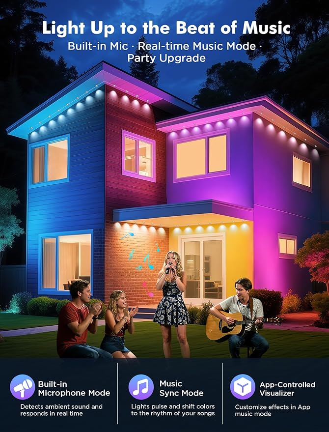 FNY Permanent Outdoor Lights 100ft Smart RGB with 60 LED, IP67 Waterproof for Outdoor Decor, App/Remote Control Eaves Lights Compatible with Alexa, Google Assistant, DIY Scene Modes for Christmas
