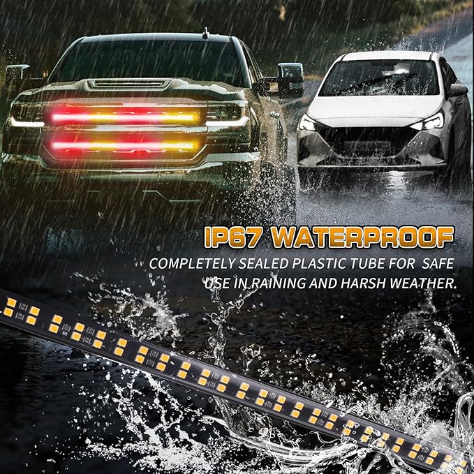 XRIDONSEN 2PCS 24 inch Amber Red Truck Emergency Grill Lights Strip 288 LED Grille Strobe Lights Flashing Warning Safety w/Waterproof Tube First Responder Lights for Firefighter Vehicles Fire Trucks