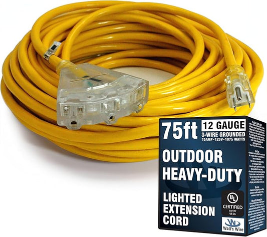 75 ft Outdoor Extension Cord Waterproof - 12 Gauge Heavy Duty Extension Cord 75 ft - Lighted Outdoor Extension Cords with Multiple Outlets - Watts Wire - 75' Grounded - extensiones electricas