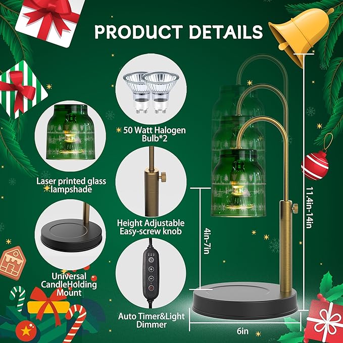 Christmas Candle Warmer Lamp, with 2 Bulbs,Timer & Dimmer,Compatible with Large Yankee Candle Jars,3 Wick Candles,Height Adjustable Electric Top Candle Melter,Green,110-120v,Mother's Day Gifts