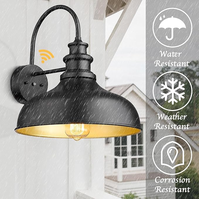 Bestshared Dusk to Dawn Sensor Farmhouse Barn Light, Anti-Rust Outdoor Wall Sconce, Outdoor Wall Lantern for Porch,Exterior Light Fixtures for Patio,Garage (Black+Gold, 1 Pack)