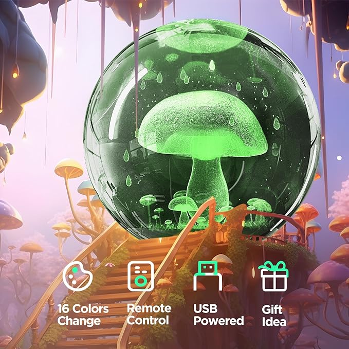 3D Crystal Ball Night Light with Remote - Upgraded 3.15 in Mushroom Glass Ball Lamp with 16 Color Wooden LED Base Cute Room Table Lamp Decor Gifts for Kids, Teens, Women