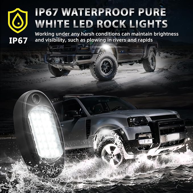 4 Pods White LED Rock Lights with Switch Extension Harness, 6000K 24 LEDs Pure White Neon Underglow Light for ATV SUV UTV RZR SXS Car Trailer Truck, IP67 Waterproof Under Trail Rig Fender Lighting