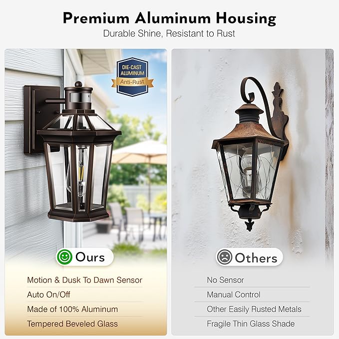 VIANIS Outdoor Motion Sensor Porch Light, Anti-rust 2-Pack Exterior Lighting Fixtures, Farmhouse Oil Rubbed Bronze Gold Trim Exterior Light,Waterproof Dusk to Dawn Outdoor Lighting with Tempered Glass