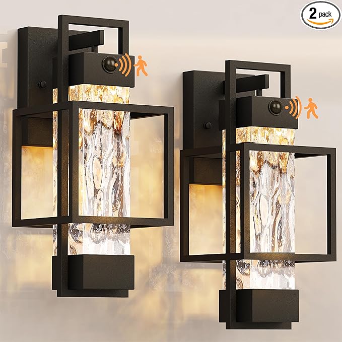 PARTPHONER Modern Motion Sensor Outdoor Wall Lights 2 Pack, 15" Exterior Wall Sconce Waterproof Porch Light, Outside Light for House with Water Glass for Garage Doorway-Only Lights up with Motion