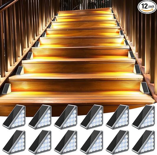 12 Pack Solar Stair Lights Outdoor Stair Lights with Waterproof IP67 LED Solar Light for Outside Light Decor for Deck, Front Step, Front Porch, Patio, Garden and Backyard