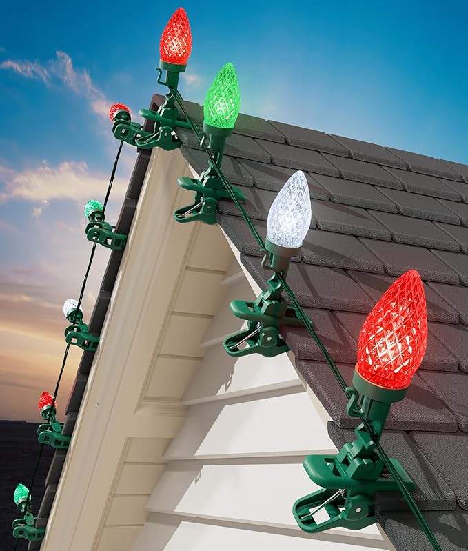 C9 LED Christmas Lights Outdoor, 99 Feet 150 LED C9 String Light with 150 Spring Clips, Waterproof Connectable Christmas Tree Lights for Outside Roofline Patio Home Xmas Decor, Red Green Pure White