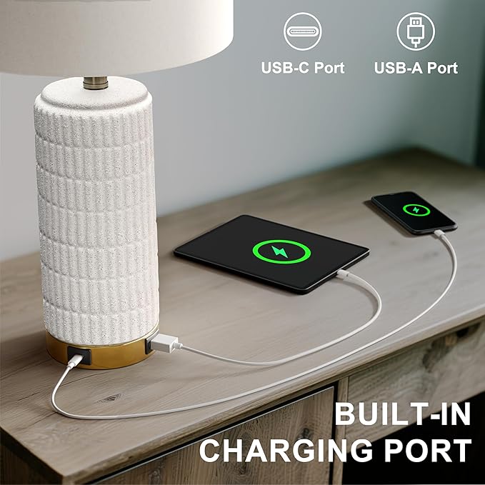 PoKat Touch Bedside Table Lamps with USB Ports for Bedroom, 25'' Dimmable Nightstand Touch Lamps for Night Stands, White Stone-Like Ceramic Lamps with Gold Base for Living Room End Side Table