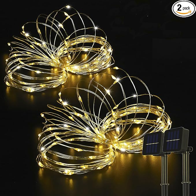 2 Pack 33ft 100 LED Solar Copper String Lights,8 Modes Christmas Fairy Lights Waterproof IP65 Twinkle Lighting Indoor Outdoor Fairy Firefly Light Auto ON/Off (Warm White)