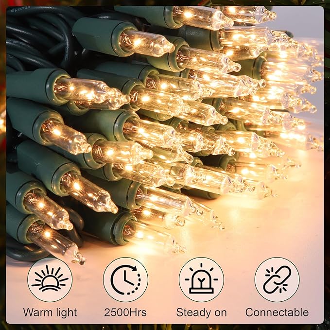 Christmas Lights 2 PCS 100 Count Clear Mini Lights Green Wire UL Certified Connectable Warm White String Lights for Christmas Decor (2 PCS 100 Count)