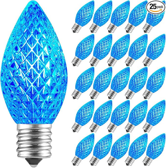 Minetom 25 Pack C7 LED Christmas Lights Bulbs, Shatterproof Replacement for String Lights, E12 Candelabra Base, Commercial Grade Dimmable Holiday Bulbs, Blue