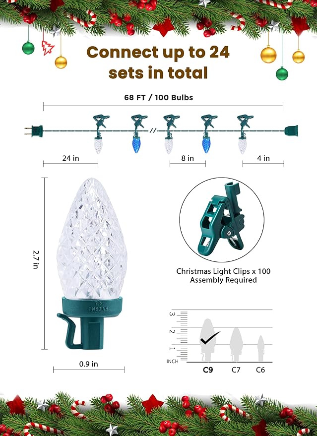 C9 LED Christmas Lights Outdoor, 68Ft 100 LED String Lights with Quick Clips, Commercial Grade Extendable Waterproof Outdoor Christmas Lights for House Outside Roofline Xmas Decor, Blue & Pure White