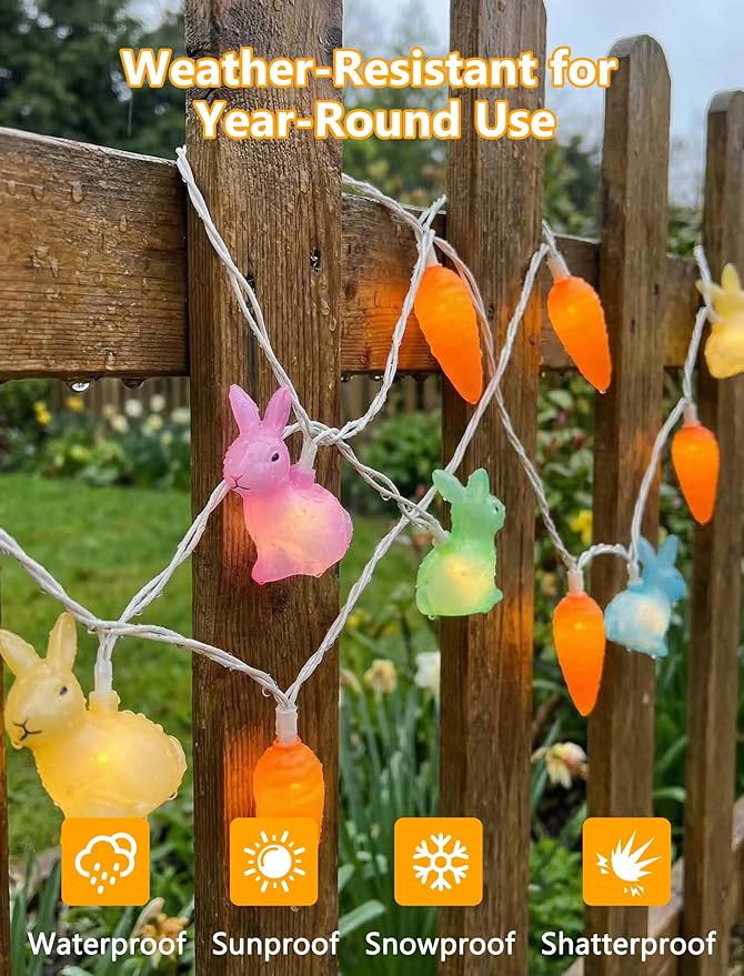 LED Easter Bunny Carrot String Lights, 8.5Ft Plug in Rabbit Lights Indoor Easter Decorations, 10 Multicolor Bunny Carrots for Outdoor Party Birthday Garden Spring Home Decor for Kids