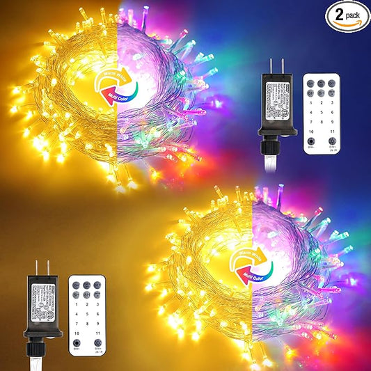 JMEXSUSS 2 Pack 100 LED Color Changing Christmas Lights, Connectable Warm White & Multicolor String Lights Outdoor Waterproof, Clear Wire Christmas Tree Lights Indoor for Xmas Bedroom Proch Decoration