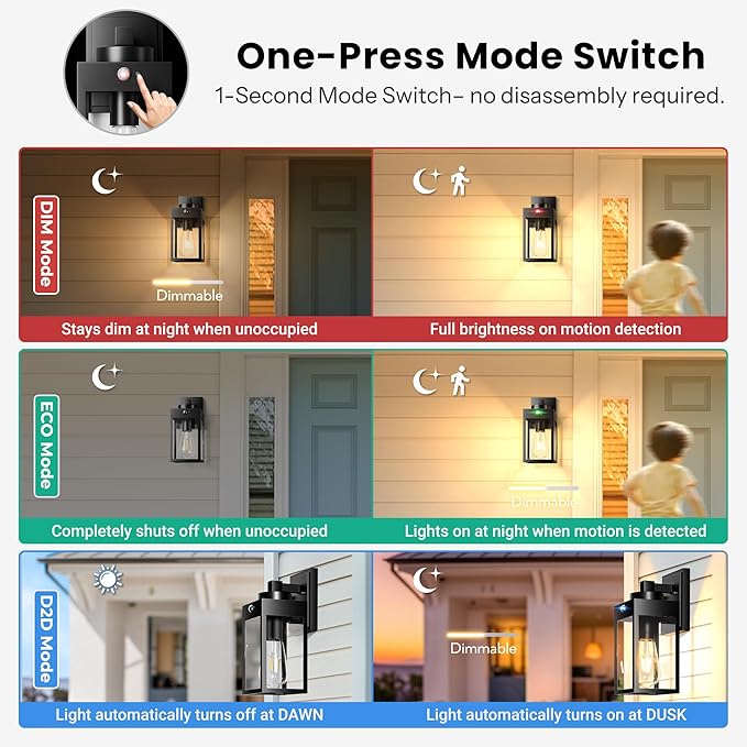 Gleamz 2-Pack Motion Sensor Exterior Light Fixtures Wall Mount for House, H 11'' Black Outdoor Sconce Light Lantern for Garage Coach Entryway, Modern Waterproof Porch Lights Outdoor Dusk to Dawn