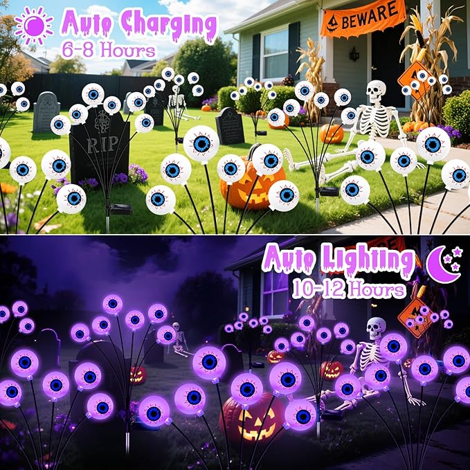 Purple Halloween Decorations Outdoor, 8 Pack 48 LED Solar Scary Eyeball Swaying Lights, Purple Solar Firefly Light Waterproof Outdoor Garden Lights for Halloween Yard Garden Lawn Party Flower Bed