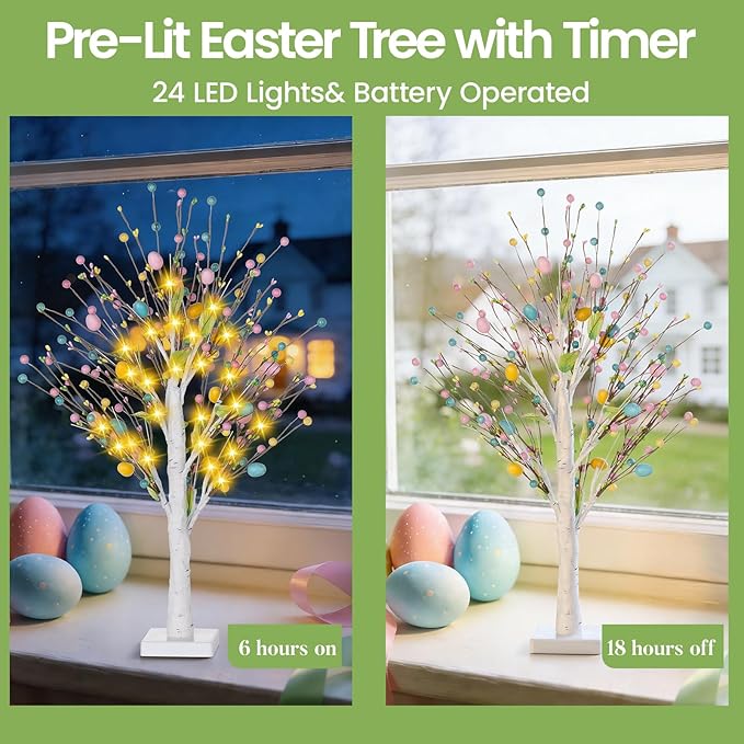 Easter Decorations 2 Pcs 25inch Lighted Easter Tree with Timer&Battery Operated,Pre-Lit Easter Egg Tree Tabletop Decor with LED Lights,Eggs,Artificial Birch Trees for Home Party Mantel Indoor Spring