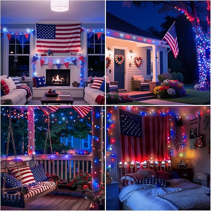 LAMPHOME 99ft 300LED Red White and Blue Patriotic String Lights, 16 Modes Red White Blue LED Lights Plug in, 4th of July Lights Outdoor for Independence Day Memorial Day Patriotic Window Decor