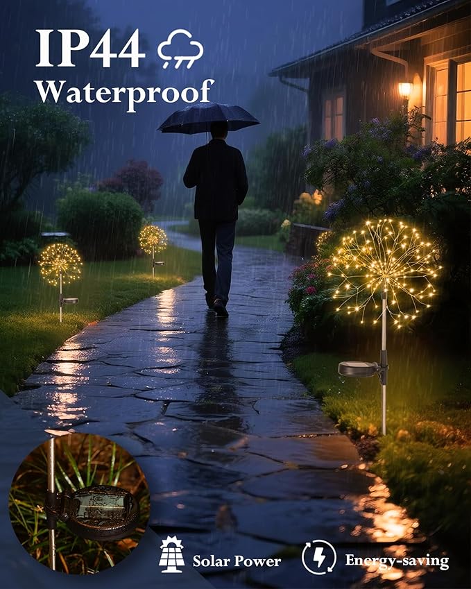 Solar Garden Lights Outdoor Yard Decorations, 8 Pack 150Leds Pathway Lights, Fairy Firework Stake Light for Garden, Patio, Pathway, Flowerbed Gold Color