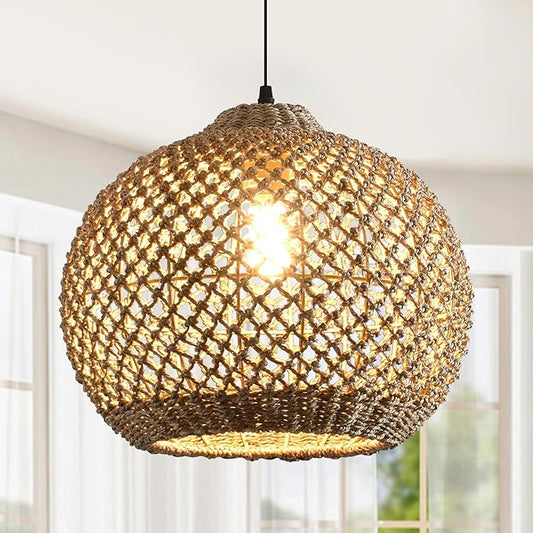 Pendant Light Rattan Fixture,Farmhouse 13.79” Wicker Hand-Woven Suspension Bohemian Chandelier for Kitchen Island Bedroom Living Room Entry Hallway