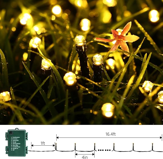 Battery Operated Christmas Lights - 4 Pack Total 66ft 200 LED Battery String Lights 8 Modes Waterproof with Timer for Home, Garden, Party, Holiday, Christmas Tree Decoration (Green Wire, Warm White)