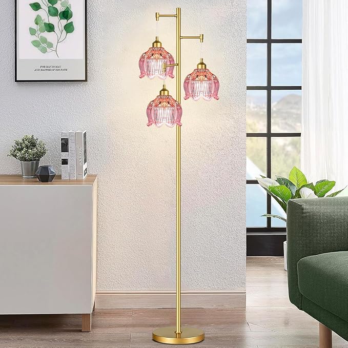 Glass Floor Lamp for Living Room,Bedroom,Gold Flower Mid Century Modern Standing Lamp Brass Tree 3 Light Tall Floor Lamps Vintage Floor Lights Pink Lamp Shade Farmhouse Boho Bohemian