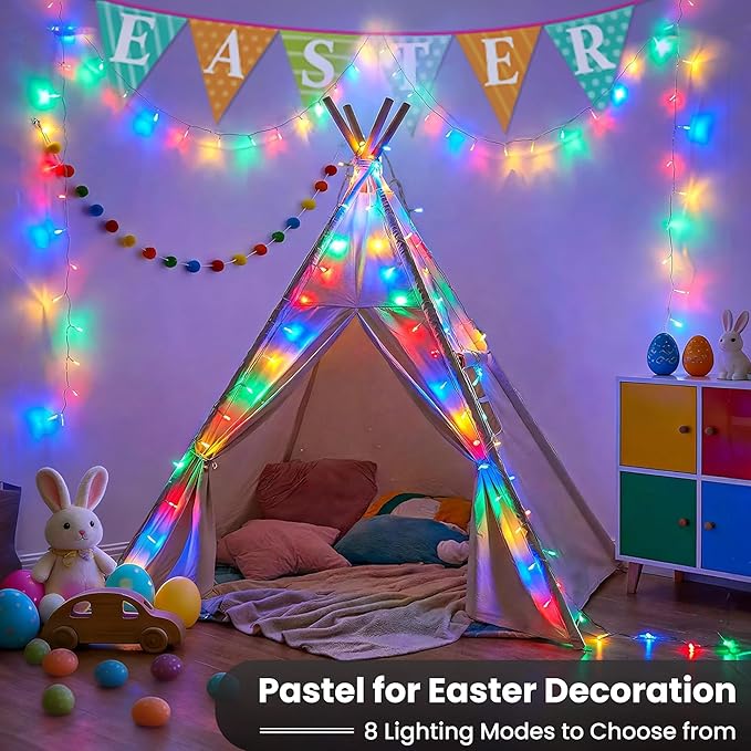 iShabao Easter Lights, 115ft 300 LED RGB Colorful Changing Pastel Light with Remote Timer, Wateproof Plug in Unconnectable Twinkle Fairy String Lights for Wreath Home Party Indoor Outdoor Easter Decor