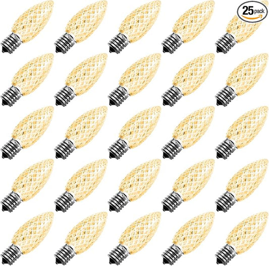 Meconard C9 Led Replacement Christmas Light Bulbs, C9 Shatterproof Led Bulbs for Christmas Indoor Outdoor String Lights,E17 Intermediate Base, Commercial Grade Holiday Bulbs, Warm White, 25Pack