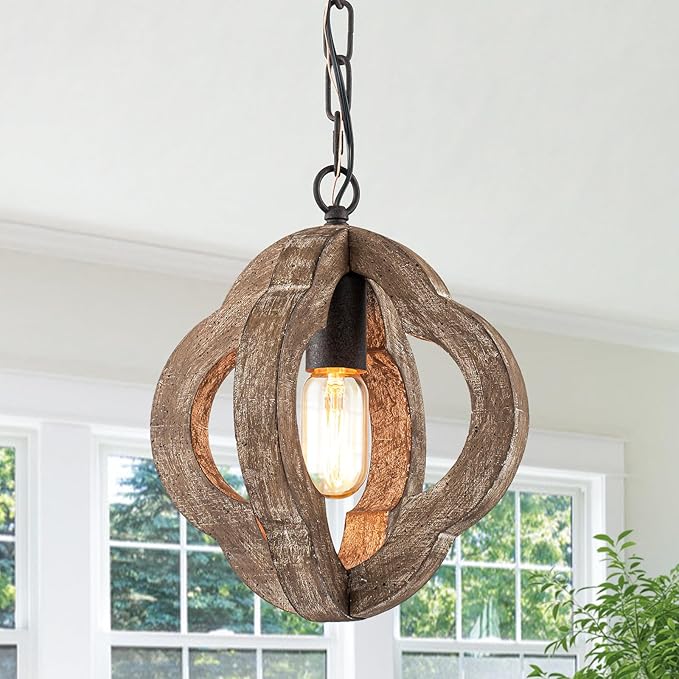 9.84" Modern Farmhouse Wood Pendant Lights Kitchen Island 1-Light Orb Distressed Oak Pendant Light Rustic Ceiling Hanging Light for Kitchen Sink Dining Room Hallway Entryway Foyer Adjustable Chain E26