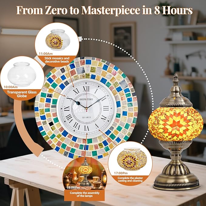 DIY Turkish Mosaic Lamp Kit, Stained Glass Table Lamp Making Kit- Easy and Fun, No Experience Needed, Mosaic Art & Craft Project Kits for Adults & Teens, Make Your Own Table Lamp,Brown & Amber