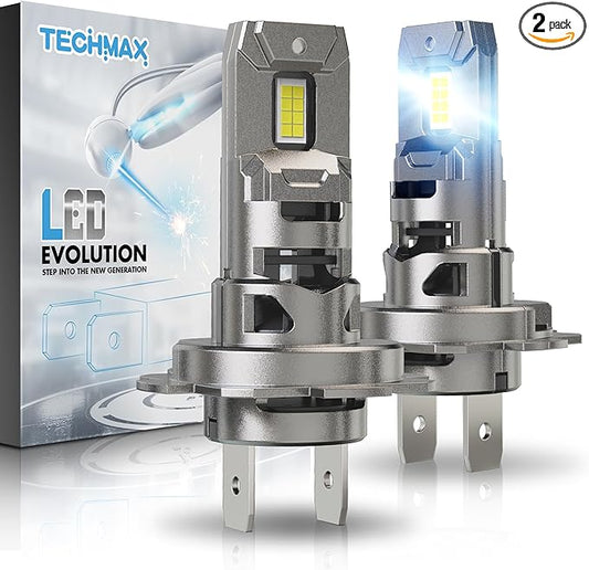TECHMAX H7 Bulb, H7 Fog Light Bulb 800% Brightness 6500K White Light No Adapter Required w/Fan Plug and Play 1:1 Small Size Bulb, Pack of 2