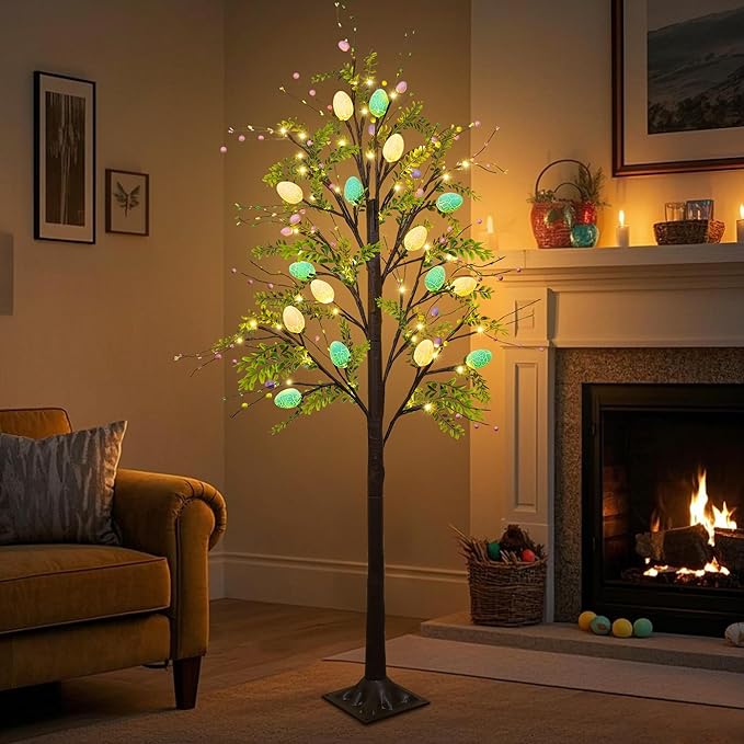 DR.DUDU 5FT Lighted Easter Tree with Timer, Easter Decorations for Home & Porch, Pre-Lit Egg Trees with LED Lights & Colorful Eggs, Indoor Outdoor Spring Decor Party & Office Decoration